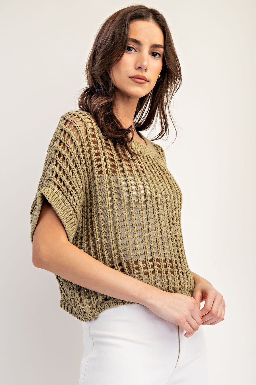 Molli Crochet Open Knit Short Sleeve Cropped Sweater