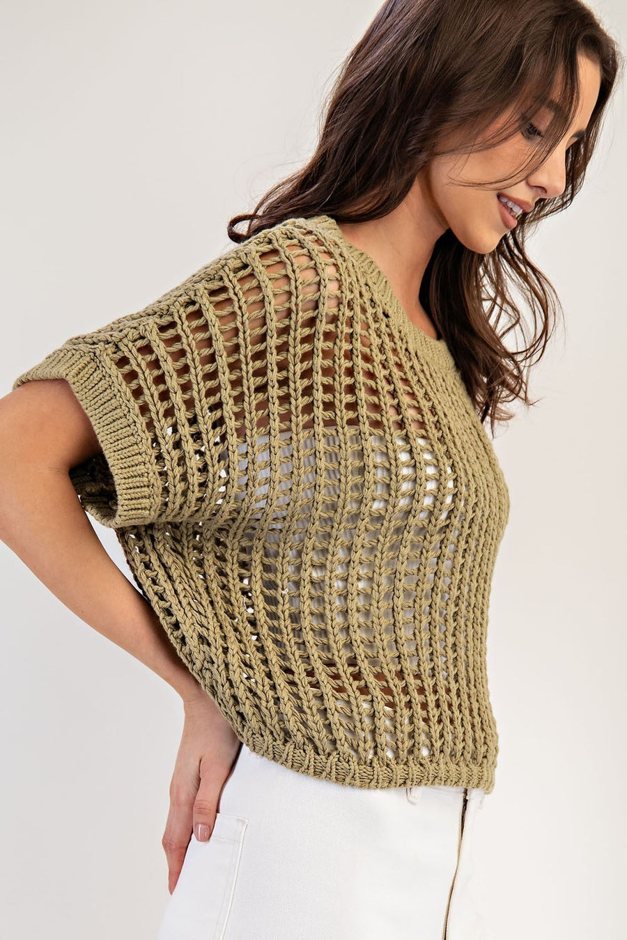 Molli Crochet Open Knit Short Sleeve Cropped Sweater
