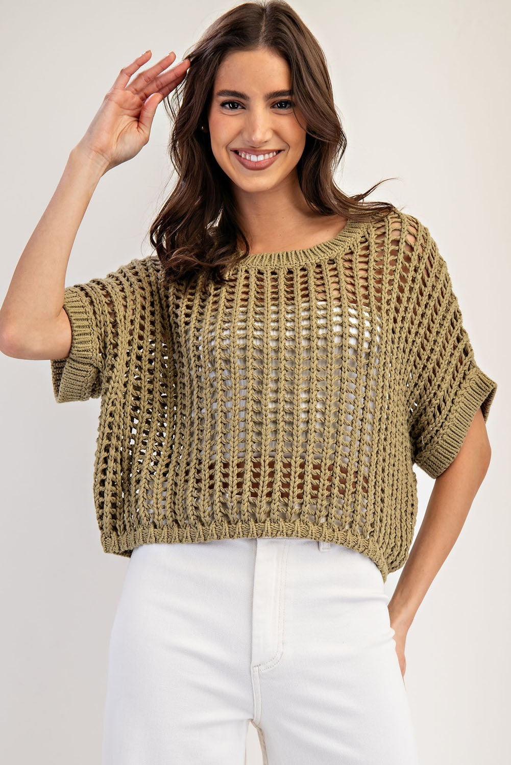 Molli Crochet Open Knit Short Sleeve Cropped Sweater