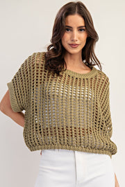 Molli Crochet Open Knit Short Sleeve Cropped Sweater