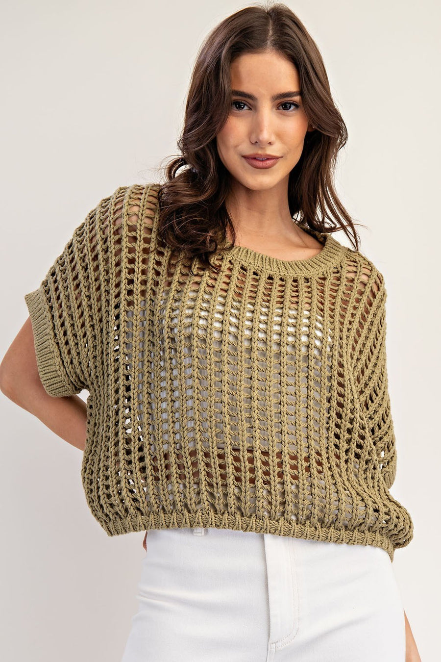 Molli Crochet Open Knit Short Sleeve Cropped Sweater