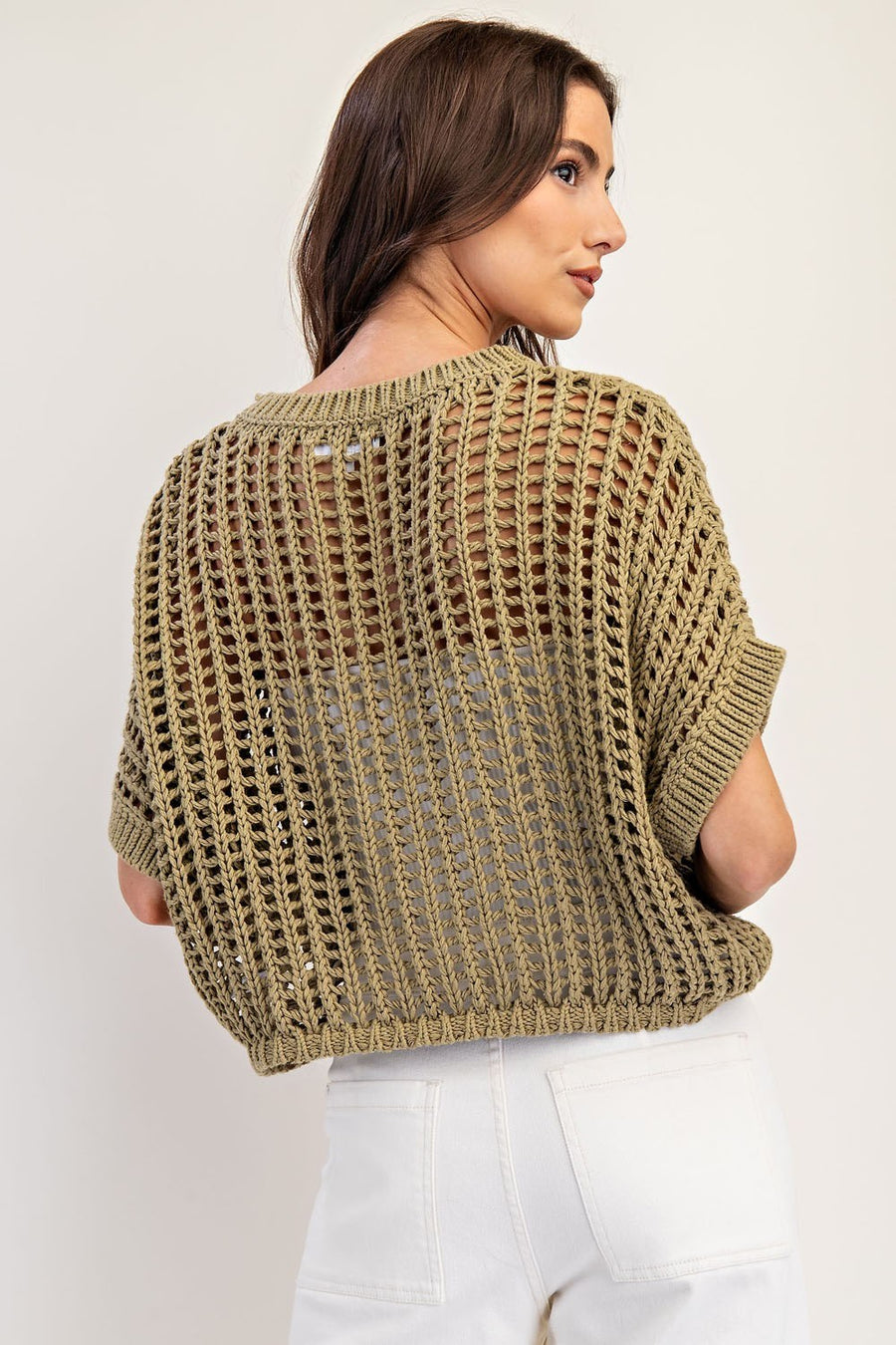 Molli Crochet Open Knit Short Sleeve Cropped Sweater