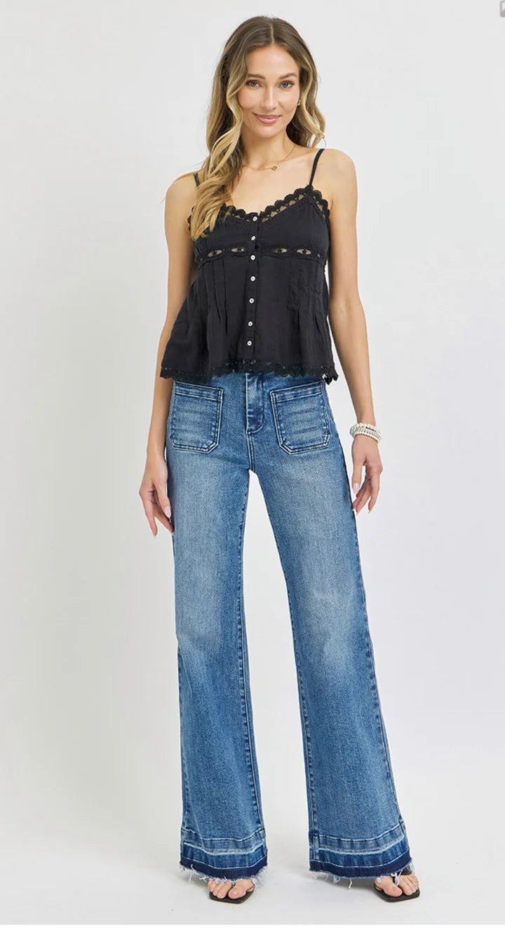 Sassy - High Rise Unrolled Hem Wide Leg Jeans