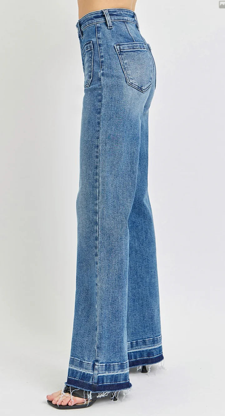 Sassy - High Rise Unrolled Hem Wide Leg Jeans