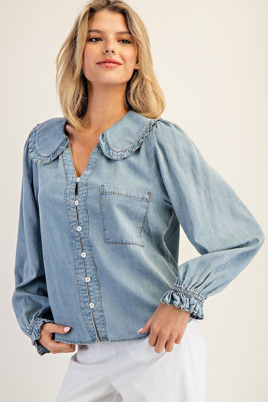 Lottie Chambray Ruffled Collar Long Sleeve Button Down Blouse