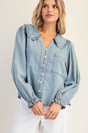 Lottie Chambray Ruffled Collar Long Sleeve Button Down Blouse