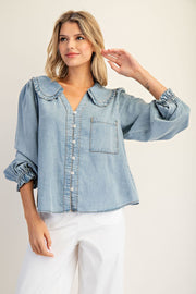 Lottie Chambray Ruffled Collar Long Sleeve Button Down Blouse