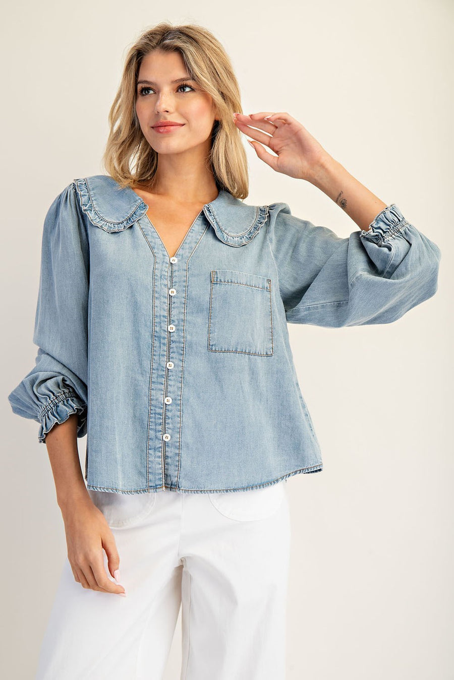 Lottie Chambray Ruffled Collar Long Sleeve Button Down Blouse