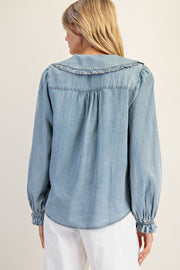 Lottie Chambray Ruffled Collar Long Sleeve Button Down Blouse