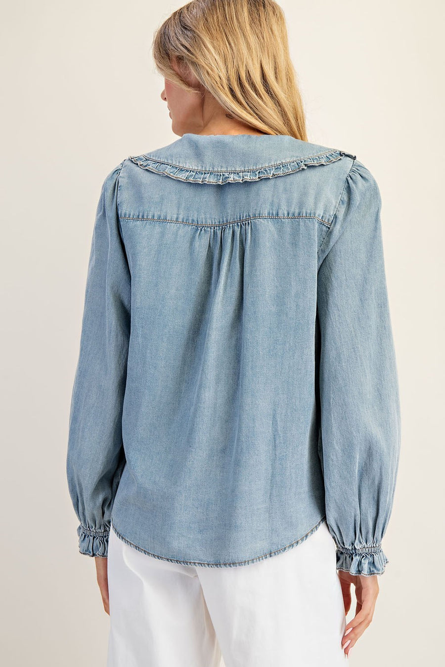 Lottie Chambray Ruffled Collar Long Sleeve Button Down Blouse