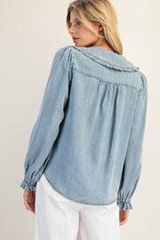 Lottie Chambray Ruffled Collar Long Sleeve Button Down Blouse
