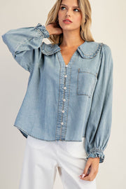 Lottie Chambray Ruffled Collar Long Sleeve Button Down Blouse