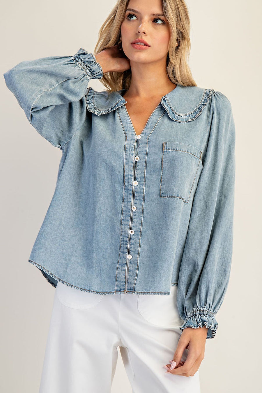 Lottie Chambray Ruffled Collar Long Sleeve Button Down Blouse