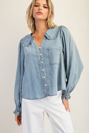 Lottie Chambray Ruffled Collar Long Sleeve Button Down Blouse