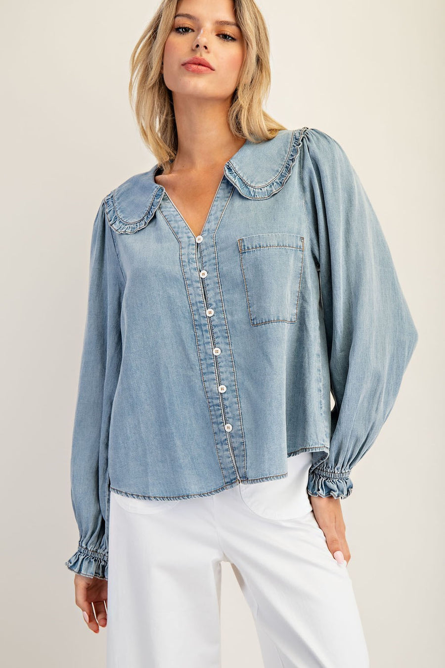 Lottie Chambray Ruffled Collar Long Sleeve Button Down Blouse