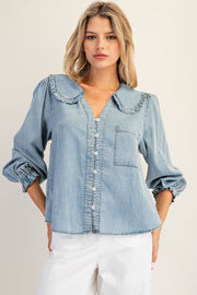 Lottie Chambray Ruffled Collar Long Sleeve Button Down Blouse