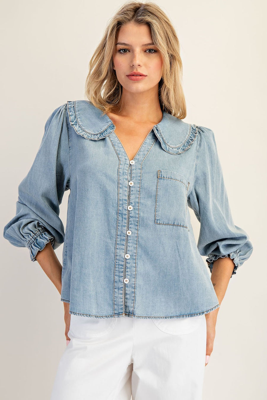 Lottie Chambray Ruffled Collar Long Sleeve Button Down Blouse