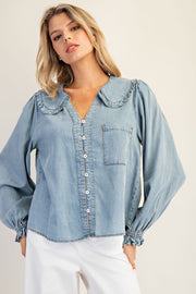 Lottie Chambray Ruffled Collar Long Sleeve Button Down Blouse