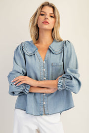 Lottie Chambray Ruffled Collar Long Sleeve Button Down Blouse