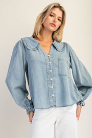 Lottie Chambray Ruffled Collar Long Sleeve Button Down Blouse