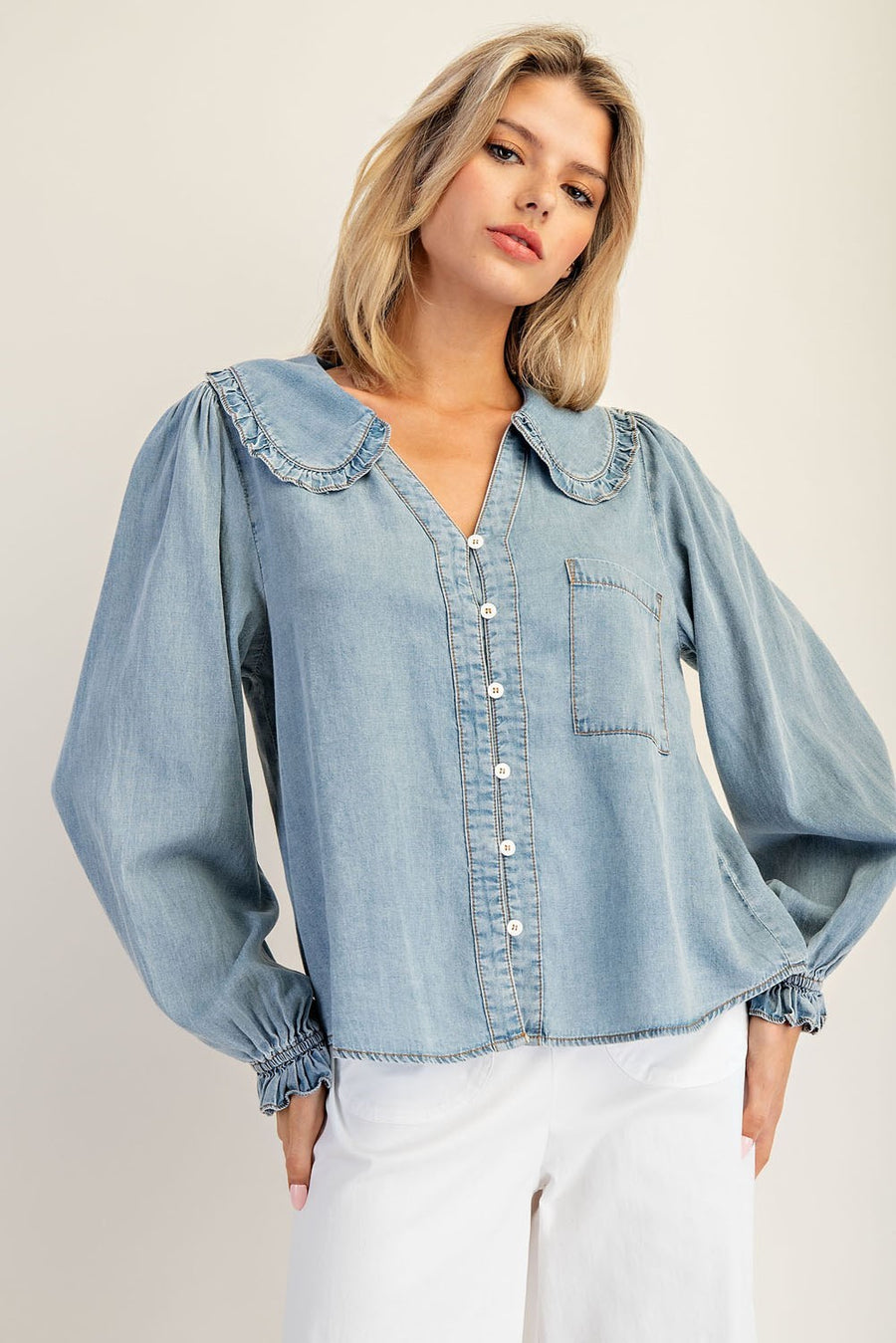 Lottie Chambray Ruffled Collar Long Sleeve Button Down Blouse