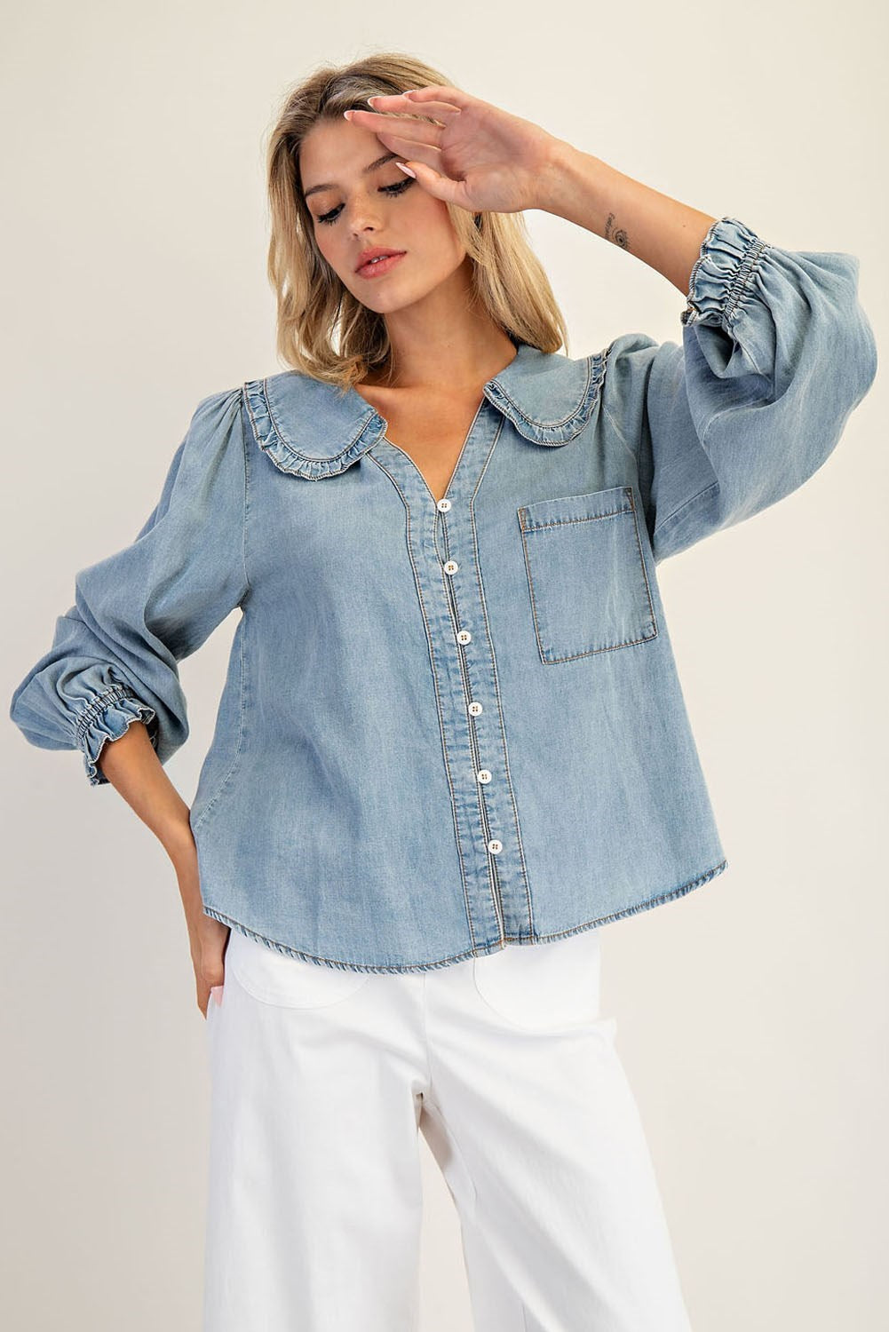 Lottie Chambray Ruffled Collar Long Sleeve Button Down Blouse
