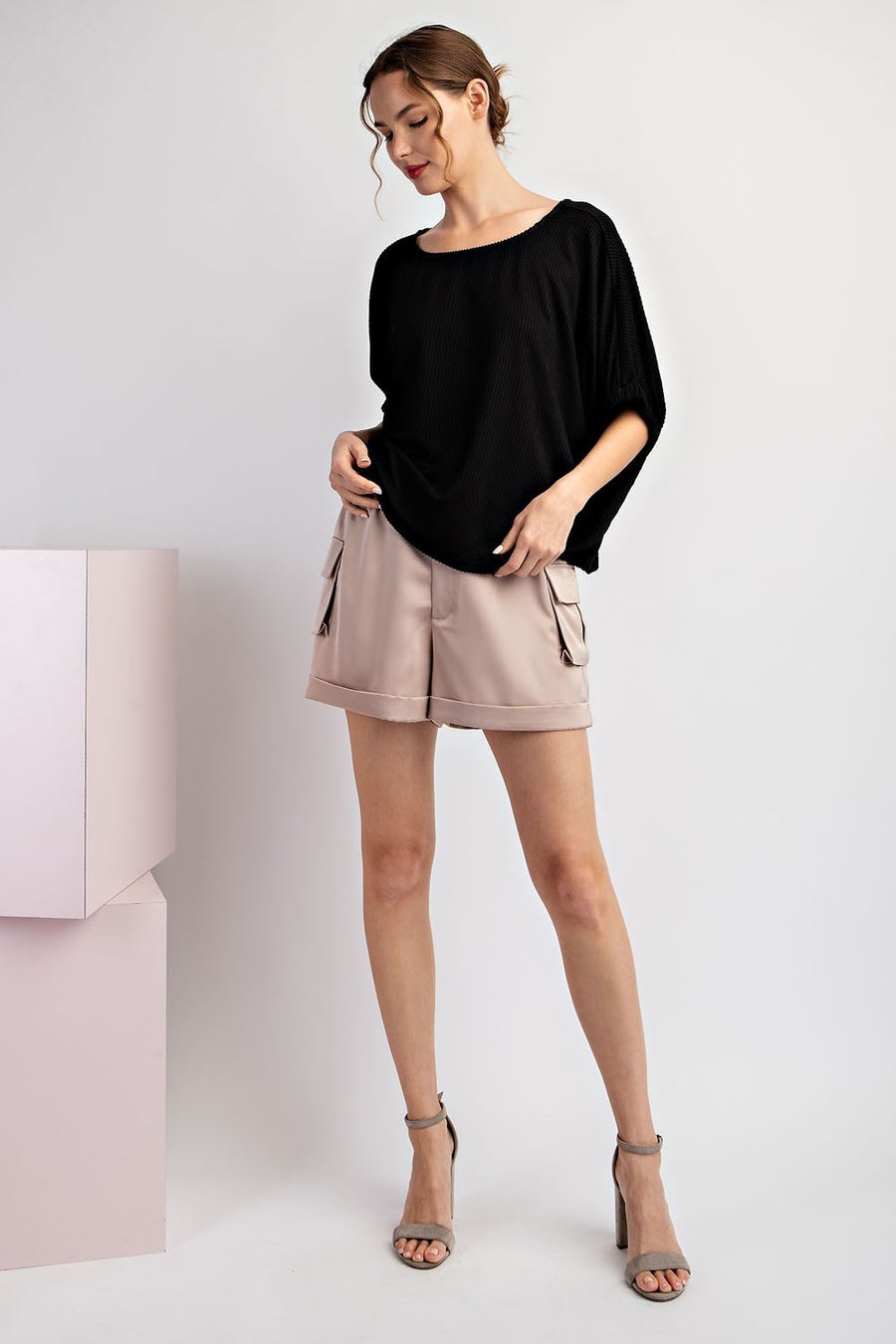 Effie Drop Elastic Sleeve Ribbed Knit Blouse Top