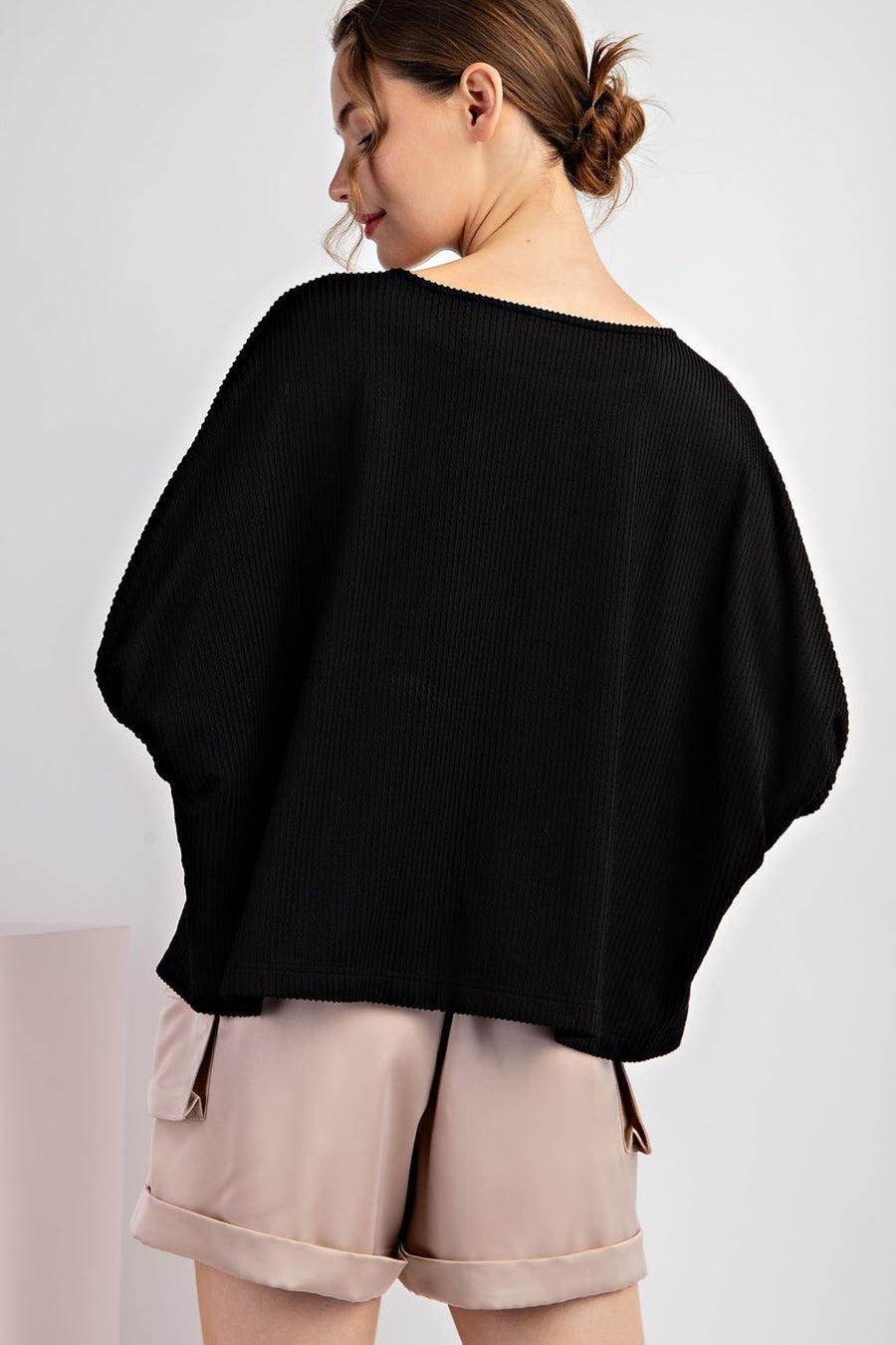 Effie Drop Elastic Sleeve Ribbed Knit Blouse Top