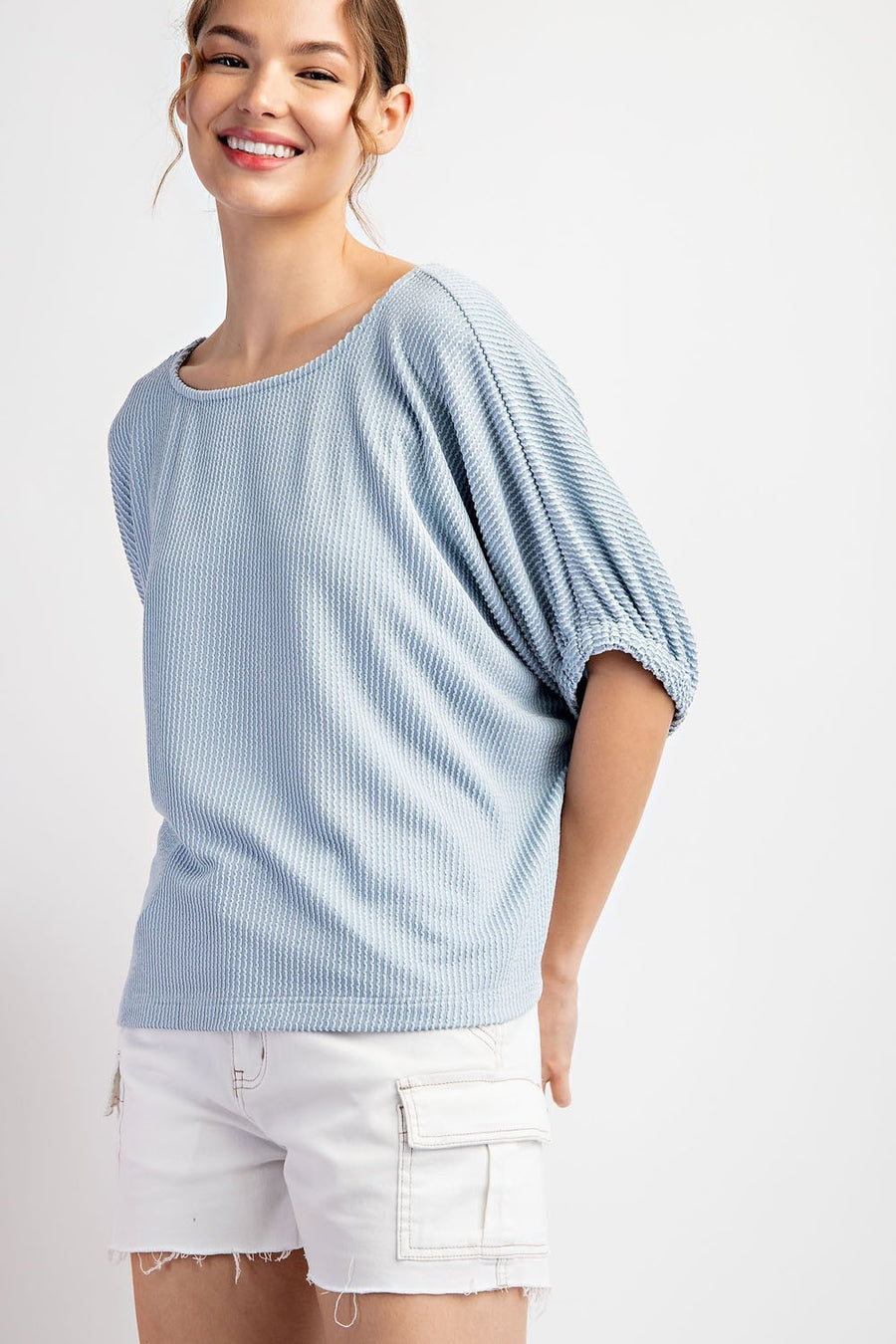 Effie Drop Elastic Sleeve Ribbed Knit Blouse Top