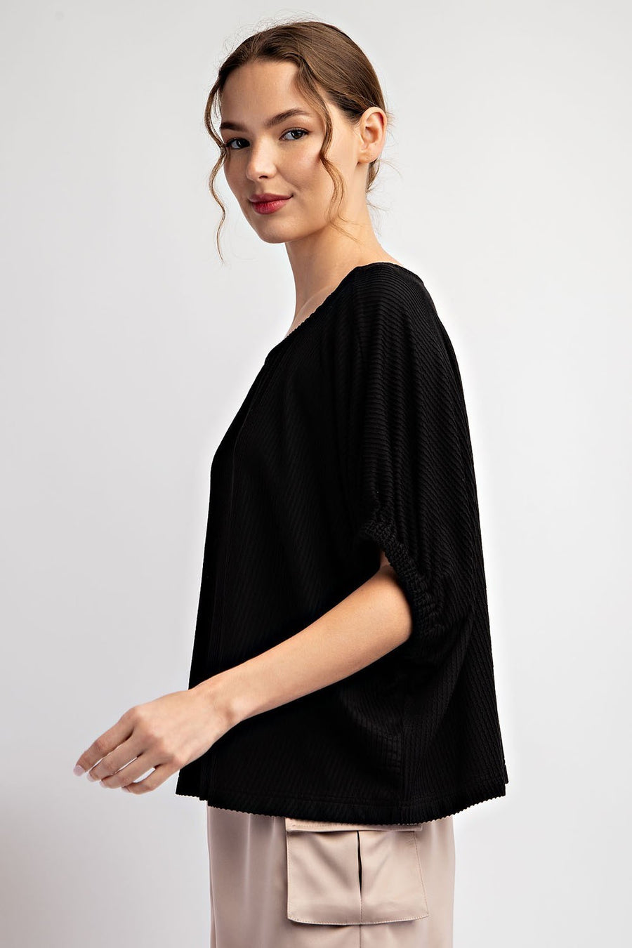 Effie Drop Elastic Sleeve Ribbed Knit Blouse Top