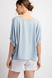 Effie Drop Elastic Sleeve Ribbed Knit Blouse Top