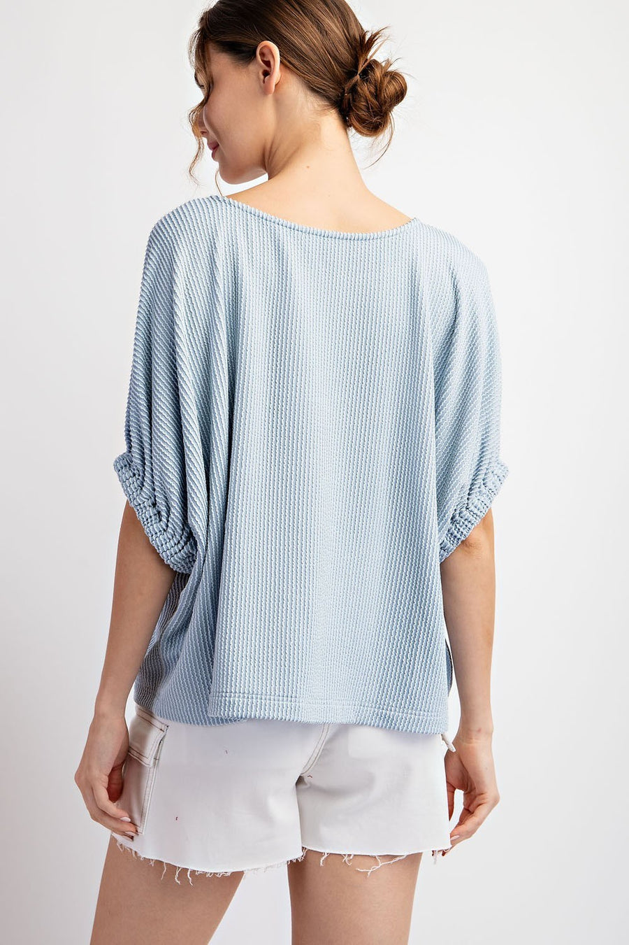 Effie Drop Elastic Sleeve Ribbed Knit Blouse Top