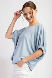Effie Drop Elastic Sleeve Ribbed Knit Blouse Top