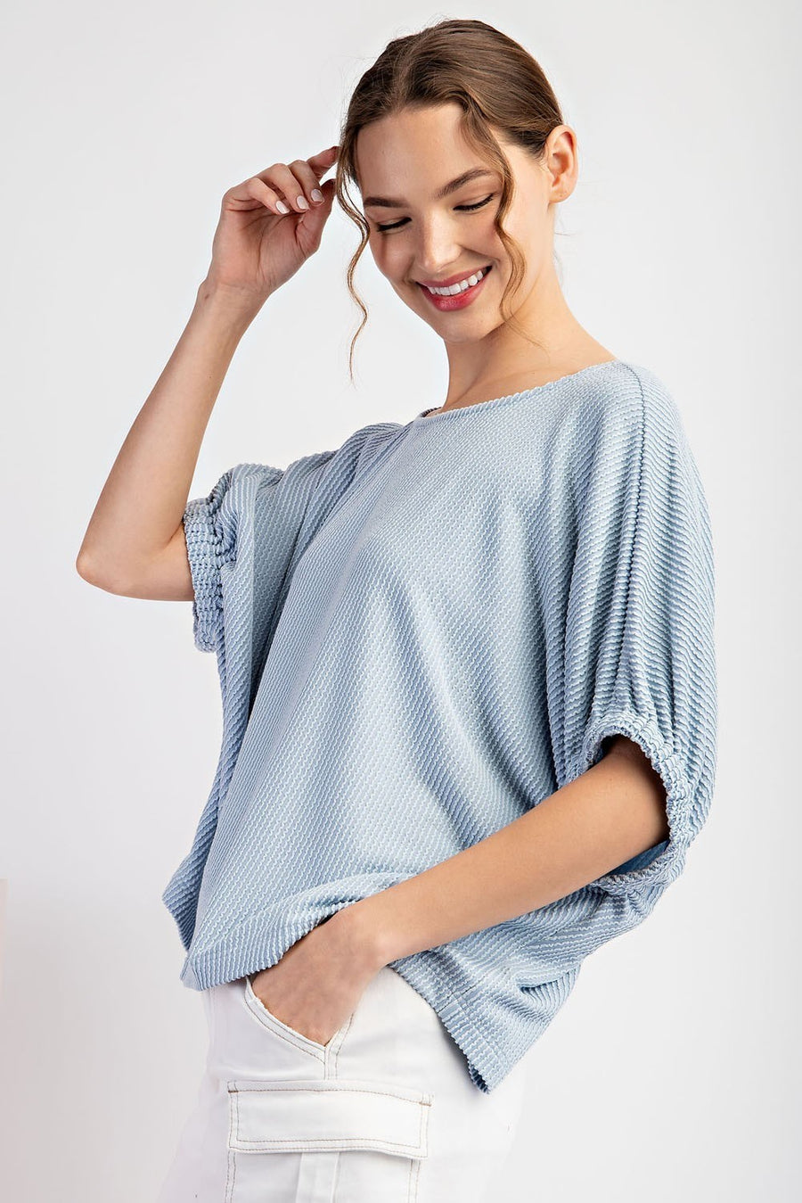 Effie Drop Elastic Sleeve Ribbed Knit Blouse Top