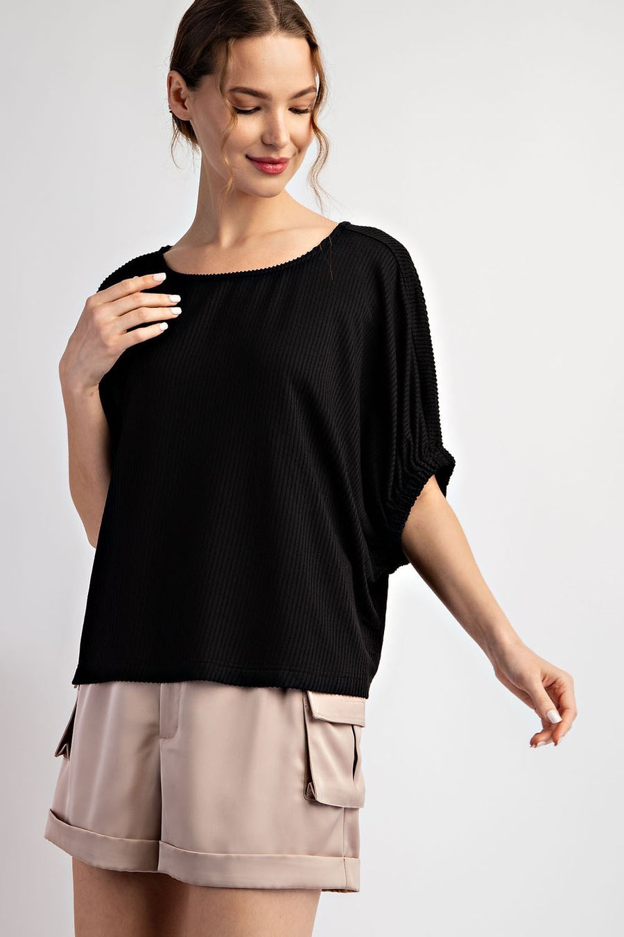 Effie Drop Elastic Sleeve Ribbed Knit Blouse Top