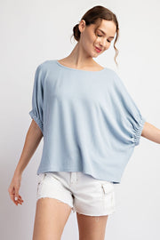 Effie Drop Elastic Sleeve Ribbed Knit Blouse Top