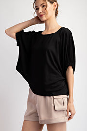 Effie Drop Elastic Sleeve Ribbed Knit Blouse Top