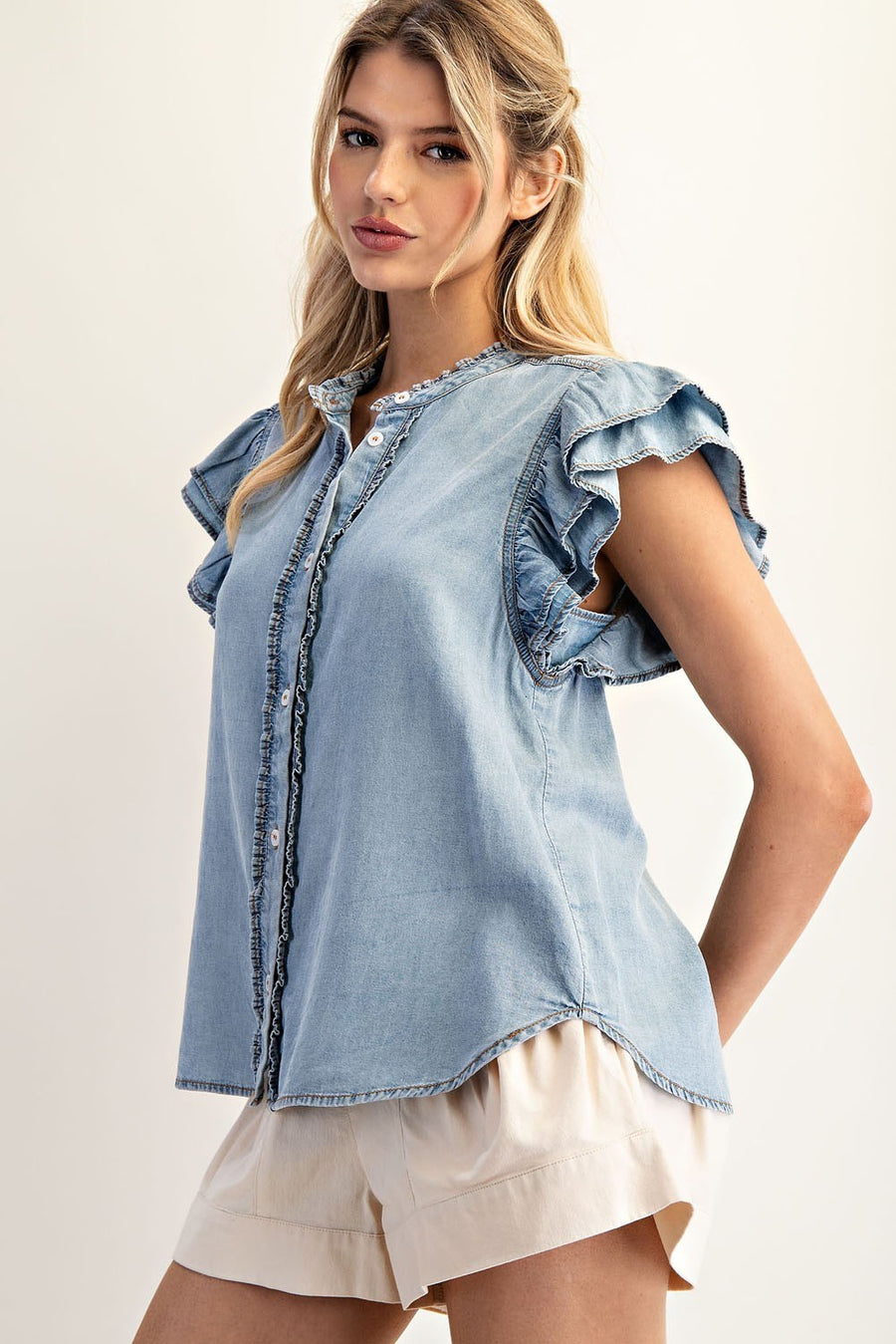 Norma Jean Flutter Sleeve Washed Chambray Button Front Top