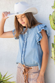 Norma Jean Flutter Sleeve Washed Chambray Button Front Top