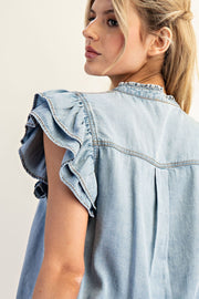 Norma Jean Flutter Sleeve Washed Chambray Button Front Top