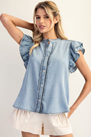 Norma Jean Flutter Sleeve Washed Chambray Button Front Top