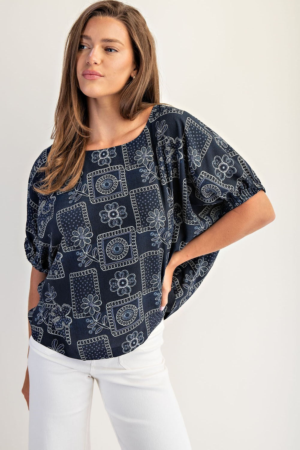Banjo Drop Elastic Sleeve Floral Patchwork Pattern Blouse Top