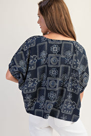 Banjo Drop Elastic Sleeve Floral Patchwork Pattern Blouse Top