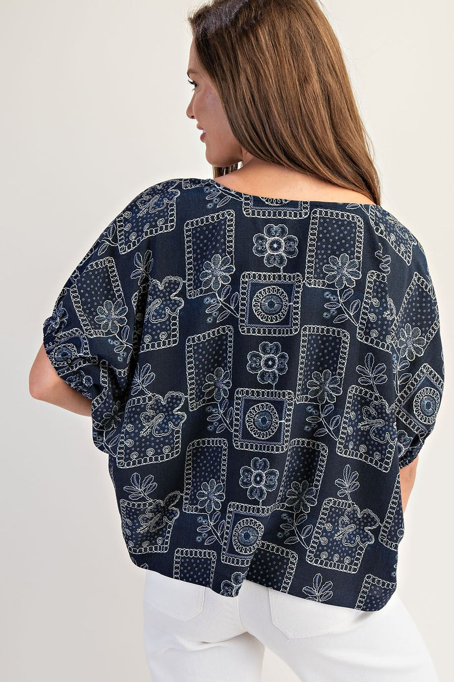 Banjo Drop Elastic Sleeve Floral Patchwork Pattern Blouse Top