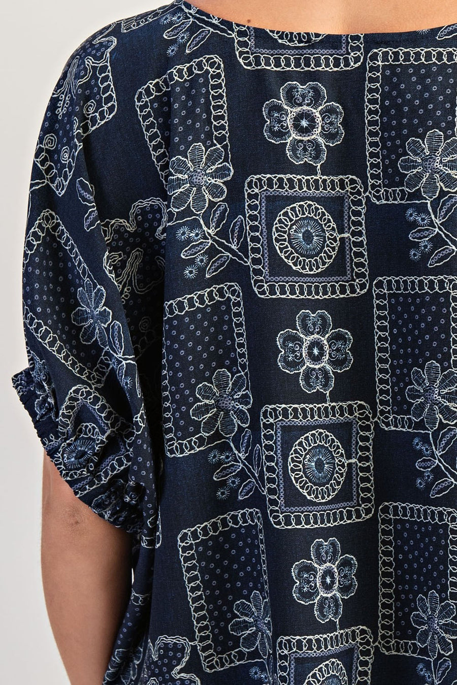 Banjo Drop Elastic Sleeve Floral Patchwork Pattern Blouse Top