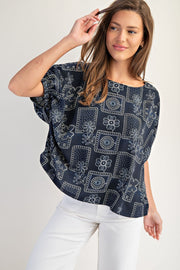 Banjo Drop Elastic Sleeve Floral Patchwork Pattern Blouse Top