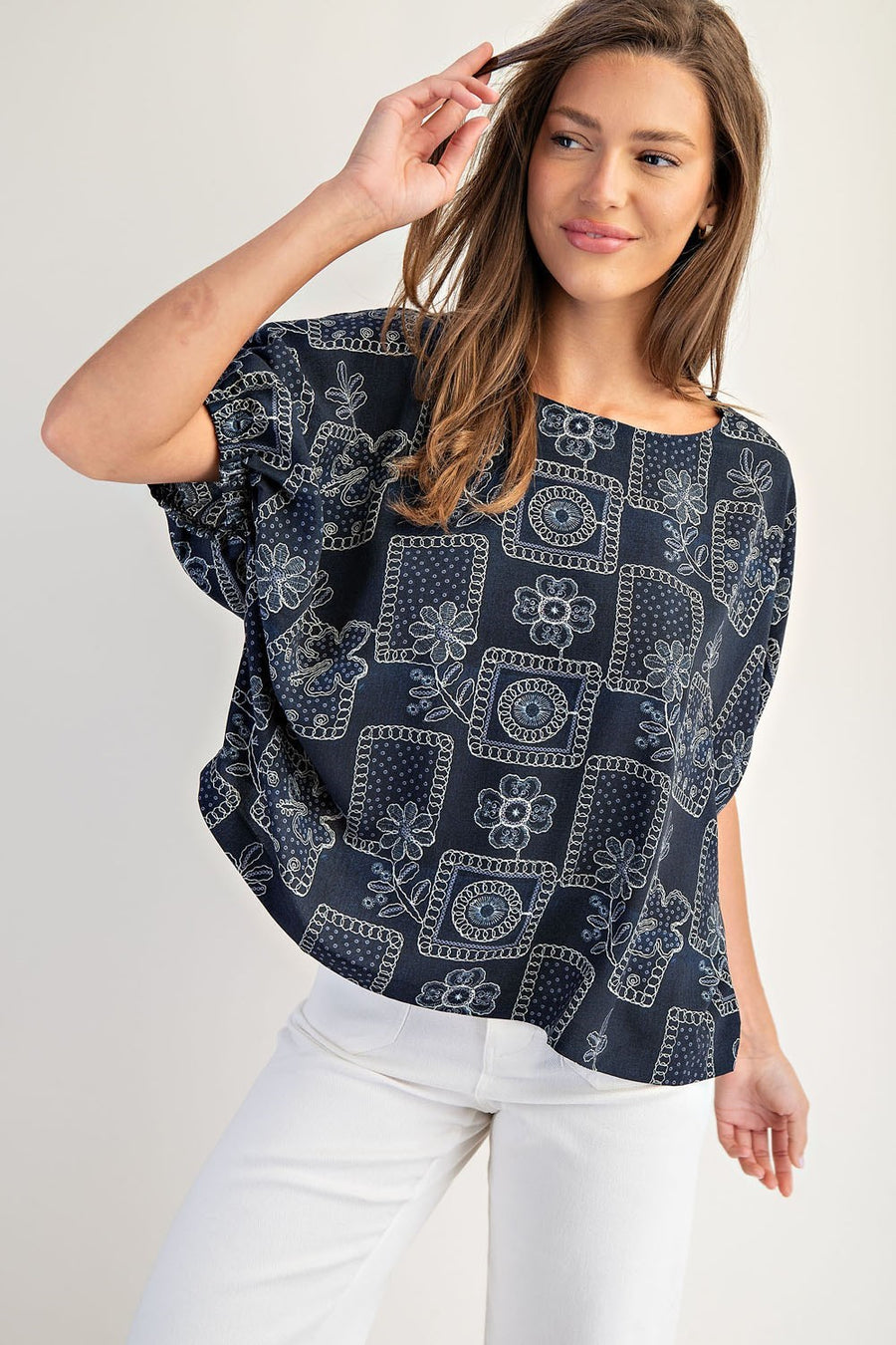 Banjo Drop Elastic Sleeve Floral Patchwork Pattern Blouse Top
