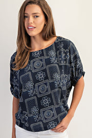 Banjo Drop Elastic Sleeve Floral Patchwork Pattern Blouse Top
