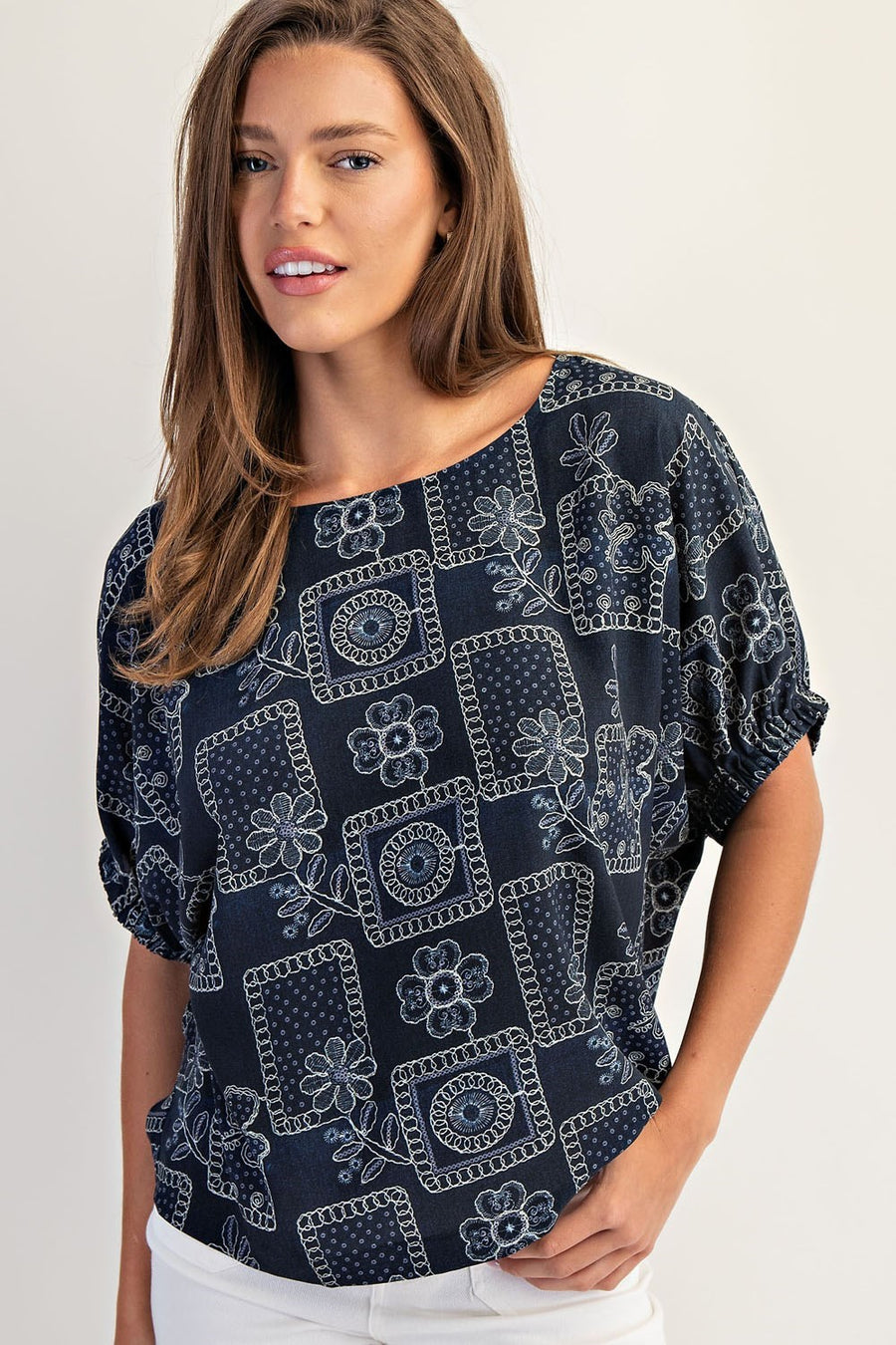 Banjo Drop Elastic Sleeve Floral Patchwork Pattern Blouse Top