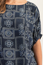 Banjo Drop Elastic Sleeve Floral Patchwork Pattern Blouse Top